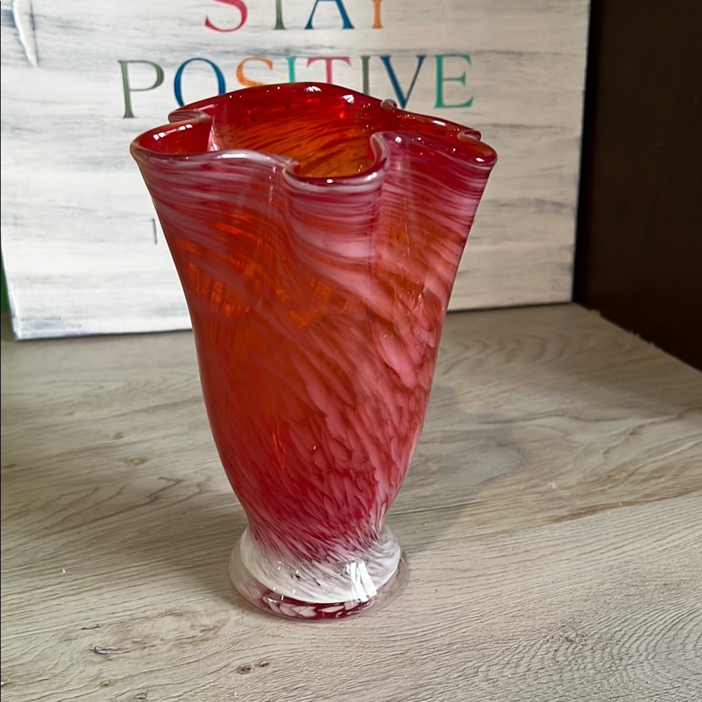 Red and White Swirled hand blown glass vase